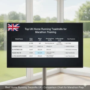 A comparison table of the top-rated home running treadmills for marathon training available in the UK.