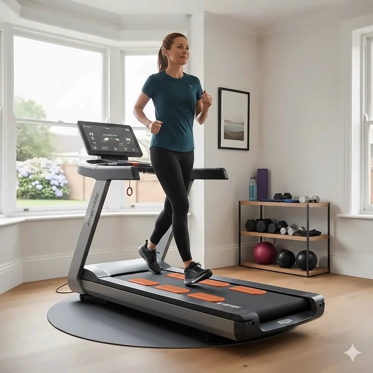 A woman running on a high-end treadmill with visible orange shock absorption cushioning in a modern UK home gym with natural light. running treadmill with shock absorption for bad knees