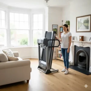 A space-saving folding treadmill tucked away in a typical British semi-detached house or flat.