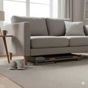 A slim, space-saving walking treadmill folded flat and stored discreetly under a sofa in a typical modern British flat.