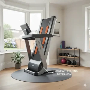 A modern treadmill in a folded upright position, demonstrating a space-saving design ideal for UK houses and flats.