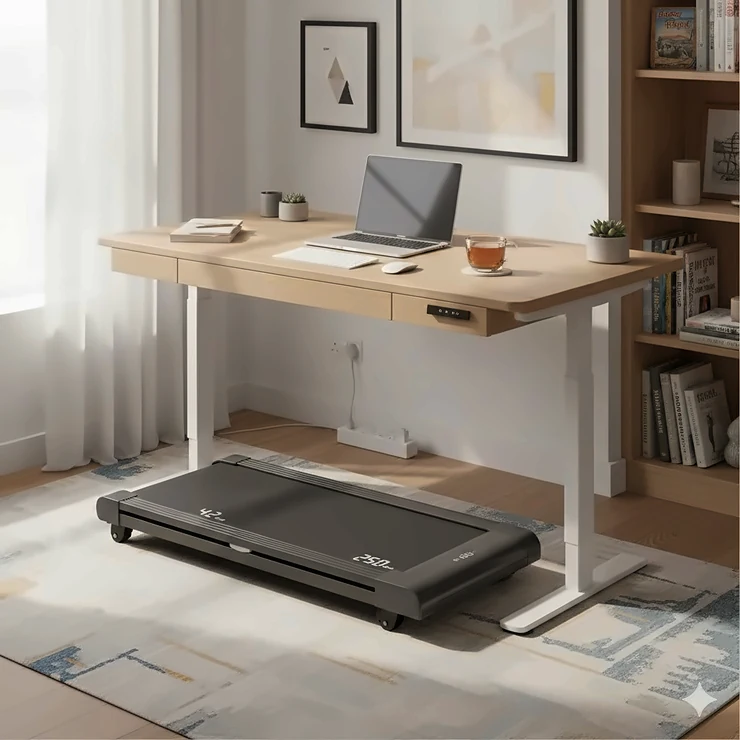 A high-quality compact folding treadmill tucked under a sleek standing desk in a bright British home office with natural light. compact folding treadmill under desk for home office
