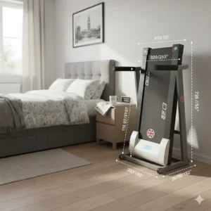 Graphic showing the small footprint of a space-saving treadmill compared to a standard UK double bed.