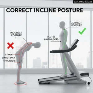 An illustration showing correct walking posture on a steep treadmill incline to prevent lower back strain.