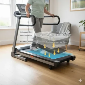 Illustration of a cushioned treadmill deck designed to reduce impact on ageing knees and joints during physio.
