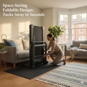 A folding treadmill being tucked away under a sofa in a space-conscious UK living room.