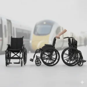 Illustration showing the quick-fold action of a lightweight transit wheelchair for easy transport.