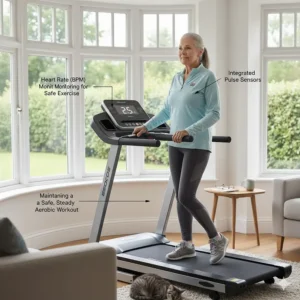 A close-up of a senior’s hands using integrated pulse sensors on a treadmill handlebar to monitor heart rate during a safe walking session.