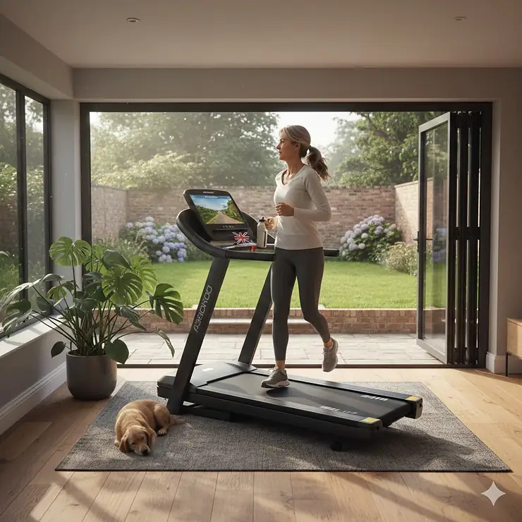 A person training for a marathon on a professional home running treadmill in a modern British house. home running treadmill for marathon training