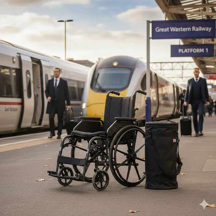 A lightweight travel wheelchair standing unfolded next to its compact black carry case on a pavement. heavy duty treadmill for runners over 20 stone