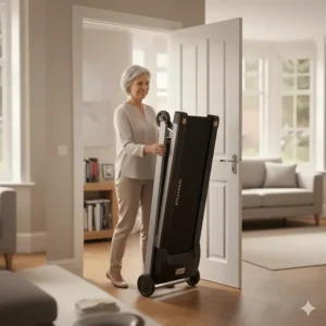 A person easily moving a lightweight folding treadmill using built-in transport wheels.