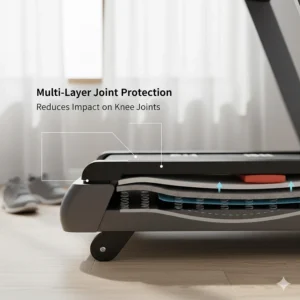 A detailed close-up of a treadmill’s cushioned deck designed to reduce impact on arthritic knee and ankle joints for ageing adults.