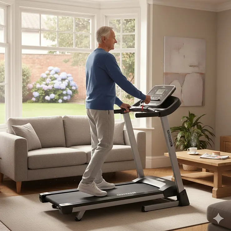 An elderly British man using a manual folding treadmill in a bright living room for gentle home exercise. manual folding treadmill for elderly