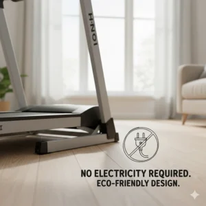 Illustration showing the treadmill operates without a motor, highlighting its eco-friendly and cordless design.