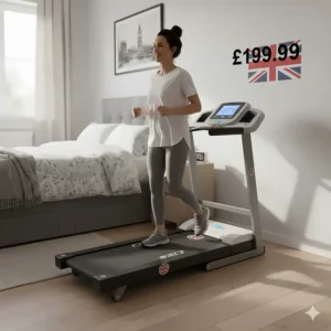 Person using a space-saving treadmill in a bright UK bedroom during a morning workout.