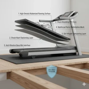 Diagram of a multi-layer treadmill running belt designed for impact noise reduction in upstairs rooms.