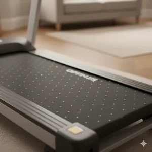 Detail of the non-slip walking surface on a manual treadmill designed for senior safety and stability.