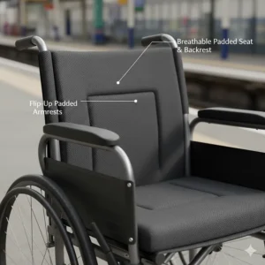 Close-up of the breathable padded upholstery and flip-up armrests on a portable travel wheelchair.