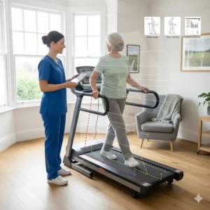 A diagram showing a senior user improving their walking gait and stride on a rehabilitation treadmill.