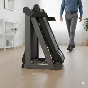 Built-in transport wheels on the front of a treadmill being used to move the unit across a light oak hardwood floor.