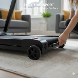 Close-up of integrated transport wheels on a budget treadmill, allowing for easy movement across wooden or carpeted flooring in a home.
