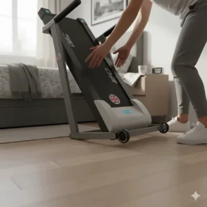 Lightweight treadmill with transport wheels being moved across a carpeted bedroom floor.