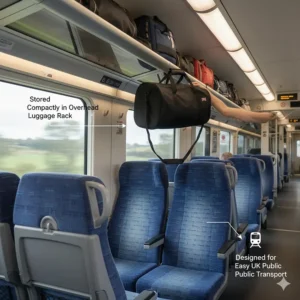 A folded travel wheelchair in its carry case being stored in the luggage rack of a UK train.
