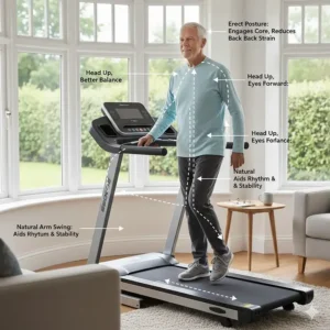 A side-view illustration demonstrating correct upright posture and heel-to-toe walking gait for seniors using a treadmill to minimise joint strain.