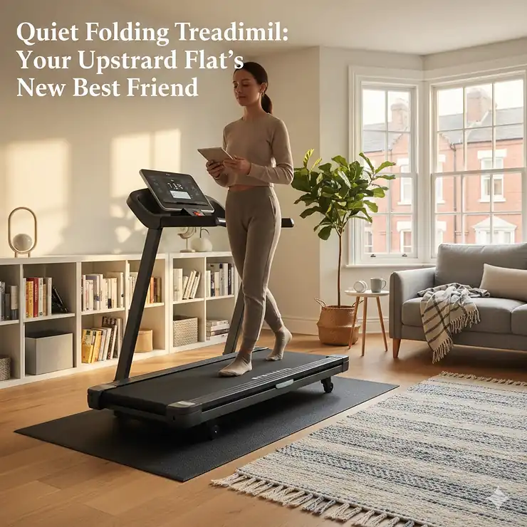 A compact quiet folding treadmill positioned in a modern upstairs flat with wooden flooring and a noise-reducing mat. quiet folding treadmill for upstairs apartment