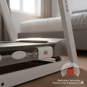 Close-up of a treadmill motor designed for quiet operation, perfect for terraced houses or flats.