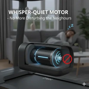 A visual representation of a low-noise treadmill motor, designed for flat dwellers to ensure quiet workouts that will not disturb the neighbours.