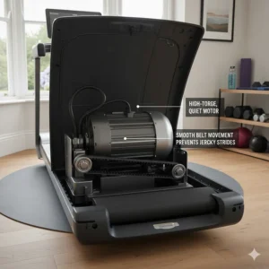An internal view of a high-torque, quiet treadmill motor designed for smooth belt movement to prevent jerky strides that aggravate joints.