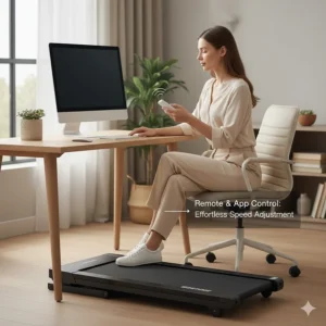 A person using a remote control to adjust the speed of a slim walking pad while working from home.