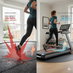 A split-screen comparison showing the high impact of running on hard UK pavement versus the low-impact benefits of a cushioned treadmill belt.