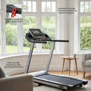 A photorealistic illustration showing the emergency stop clip and extended safety handrails on a walking treadmill for seniors with arthritis.