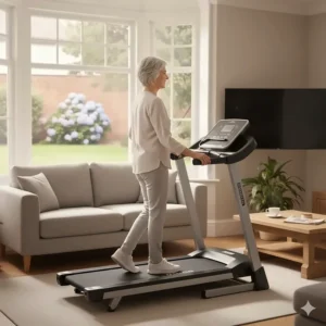An active senior woman enjoying a gentle walk on a manual treadmill while watching TV at home.