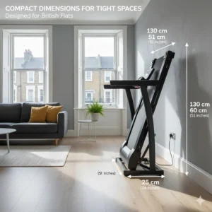 Infographic showing the narrow footprint and compact dimensions of a folding running machine designed to fit into tight spaces in a British flat.