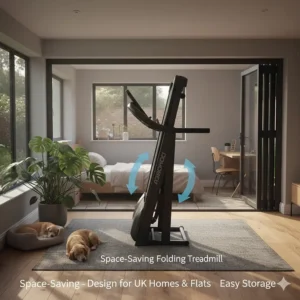 A compact, folding running treadmill designed to fit into a small UK spare room or flat.