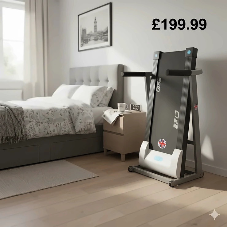 Compact space-saving treadmill for a small UK bedroom, priced under £200, positioned neatly near a bed. space saving treadmill for bedroom under £200