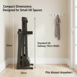 A diagram showing the footprint of a folded treadmill compared to a standard British hallway.