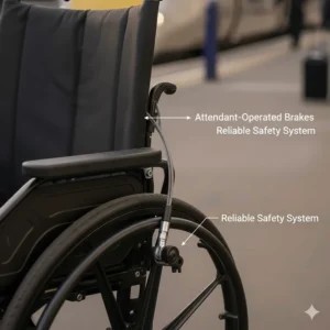 Detailed view of the attendant-operated cable brakes on a lightweight manual travel wheelchair.