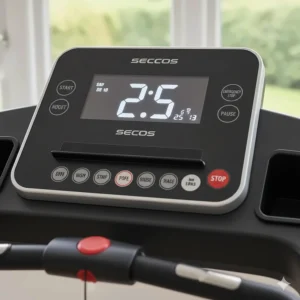 A high-contrast, easy-to-read treadmill console featuring large buttons and simplified controls suitable for older users with limited dexterity.