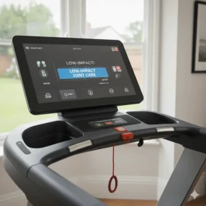 A close-up of a digital treadmill console displaying a low-impact joint care workout programme tailored for users with bad knees.