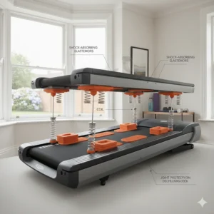 A technical 3D cross-section illustration showing the internal coil springs and elastomers that provide joint protection for runners.