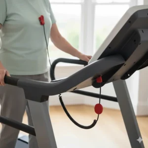 A safety-first emergency stop pull-cord system attached to an elderly user's clothing for home physiotherapy.