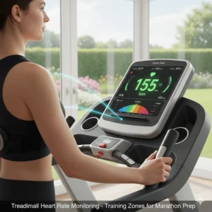 A runner using handlebar sensors and a chest strap to track heart rate zones on a home treadmill.