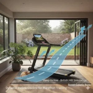 A diagram showing a home running treadmill at a steep incline for simulating British hill training.