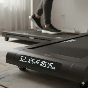Bright LED display on a treadmill base showing speed in km/h and calories burned for a fitness-focused home office.