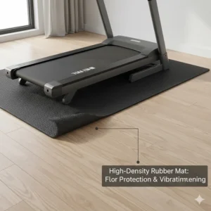 A high-density rubber mat placed under a treadmill to protect floorboards and dampen vibrations.