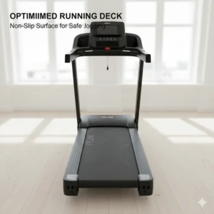 Top-down view of the textured, non-slip running deck on a compact motorised treadmill, suitable for walking and light jogging at home.
